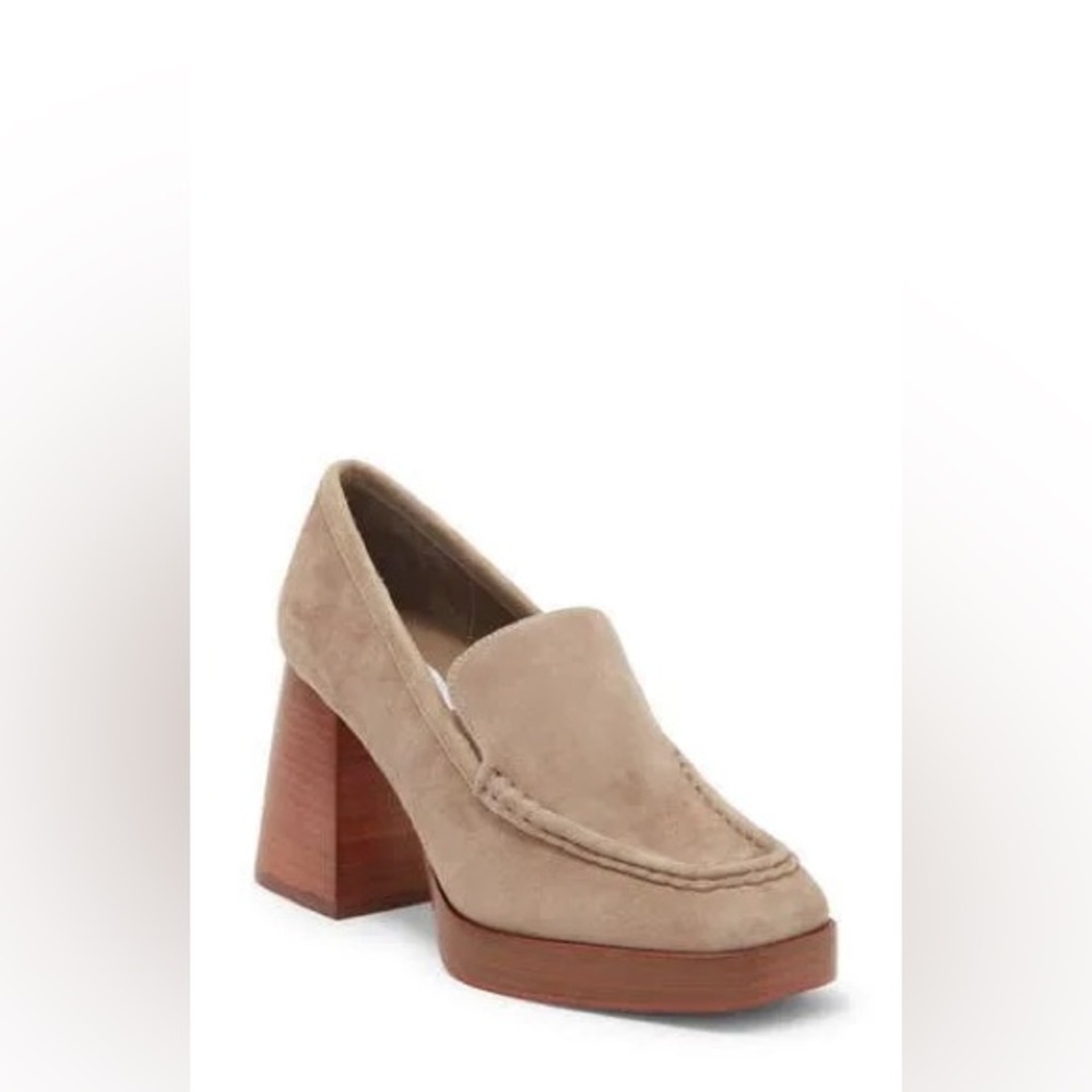 Steve Madden ETNEY BLOCK HEEL PLATFORM LOAFER PUMP IN MUSHROOM SUEDE